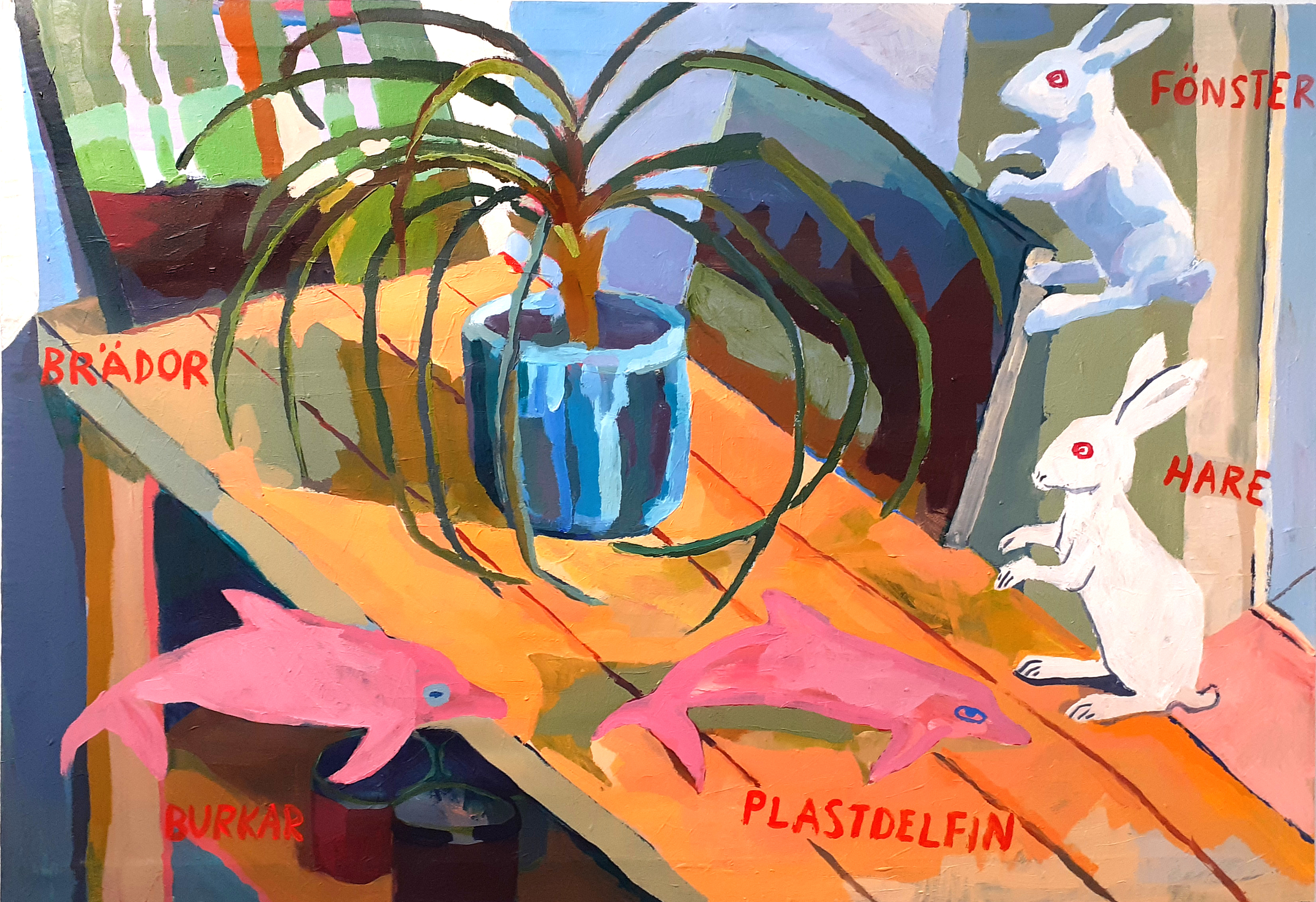 Plastdelfin, burkar, fönster